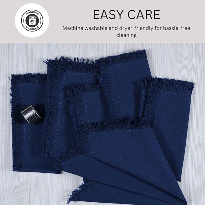 Cloth Dinner Napkins with Fringes 20x20 Inch 100% Cotton Set of 6 - for Dining Special Occasions Wedding Holidays Easter - Soft Durable Washable - Elegant Table Cloth Napkins Navy Blue