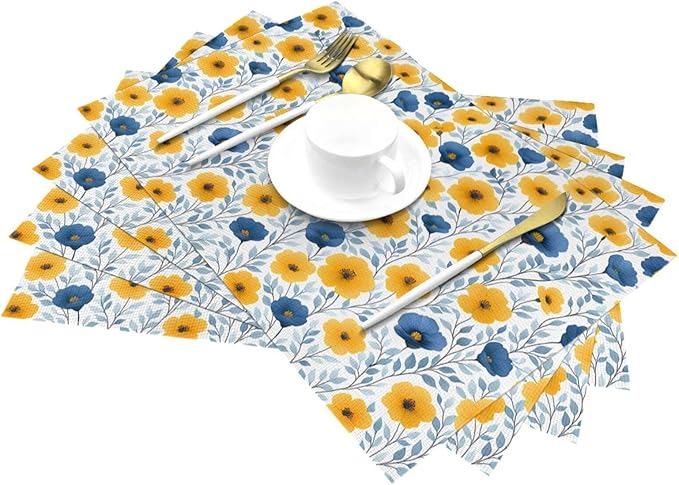 Yellow Blue Floral Linen Placemats Set of 4, Washable Heat Resistant Table Mats for Dining Table Kitchen Holiday Party Farmhouse, Gift for Floral Nature Lovers, Spring Home Decor, 12" x 18" Place Mats