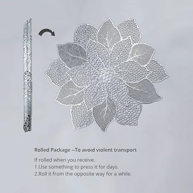 AdasBridal Silver Round Placemats for Dining Table Set of 6 Pressed Vinyl Metallic Table Mats Hollow Out Hibiscus Flower Place Mats for Dinner Decor Holiday Wedding Accent Centerpiece