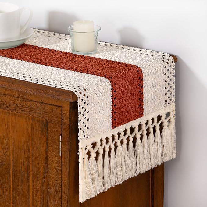 DeZerlor Boho Macrame Table Runner Terracotta Spring Easter Farmhouse Woven Table Runner with Tassels 72 Inches Ivory& Rust Cotton Linen Kitchen Table Decor for Dining Dresser Home Tea Table Decor