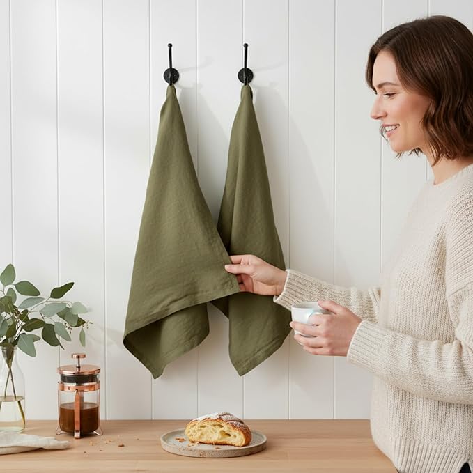 Linen Kitchen Dish Towels – 20” x 27” – 100% Pure Stonewashed Linen Hemstitch Hand Towel/Tea Towel - Set of 2 (Olive Green)
