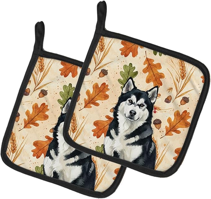 Caroline's Treasures Black and White Alaskan Malamute Heirloom Fall Pair of Pot Holders Pair 7.5x7.5 Quilted Insulated Hot Pads Decorative Kitchen Gift Made in USA