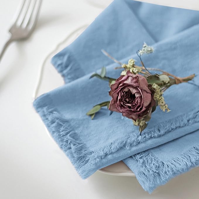 Handmade Cloth Napkins 100% Cotton Napkins with Fringe，Delicate Handmade Cloth Napkins for Dinners, Parties, Weddings and More，18 x 18 Inch Set of 6 - Blue