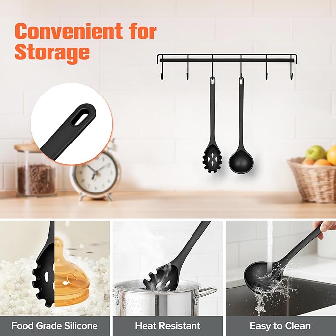 Silicone Spaghetti Spoon&Soup Ladle Cooking Utensils Set of 2,No Scratch for Nonstick Cookware,BPA Free, 450℉ Heat Resistant (BLACK)
