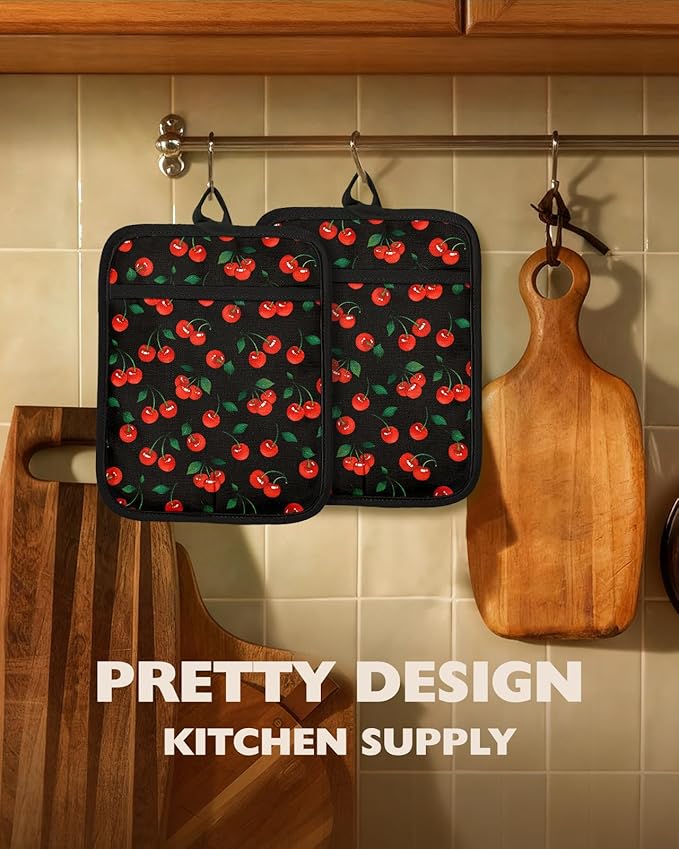 Slohif Silcone Cherry Pot Holders for Kitchen - 100% Cotton Black Cute Oven Potholders with Pockets, Heat Resistant Square Thick Hot Pads, House New Home Baking Baker Gifts,2pack