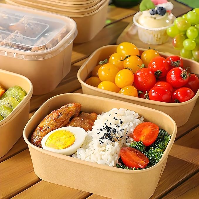 50 Pack 25oz Disposable Kraft Paper Bowls with Lids, Rectangle Meal Prep Containers Bulk, Large Paper Salad Bowl, Leakproof Food Containers Treat Soup Serving Bowls, Microwave Safe for Hot/Cold Food