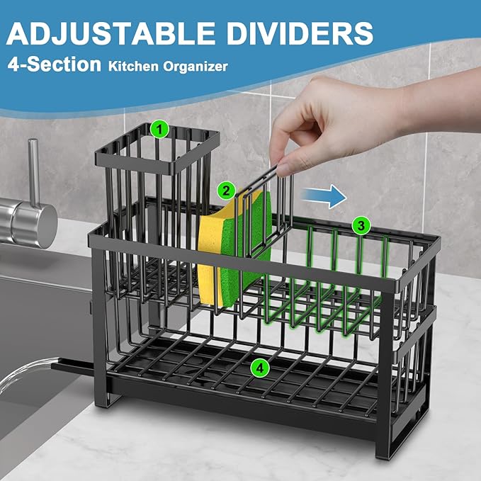 Hvisso 2-Tier Kitchen Sink Caddy with High Brush Holder, Sponge Holder for Sink, Kitchen Storage Organization Sponge Rack, Home Apartment Essential Gadgets Accessories (Black)