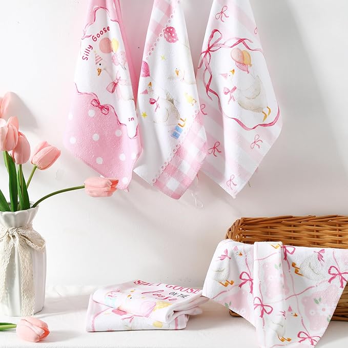 Breling Set of 6 Silly Goose Kitchen Towels Funny Goose Dish Towel Decor Pink Bow Decorative Hand Cloths for Kitchen Bathroom Home Decoration Cooking Housewarming Gifts, 14 x 21 Inch