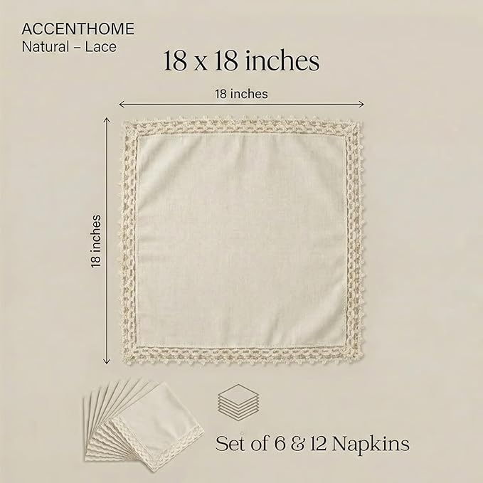 ACCENTHOME Natural Cloth Napkins Set of 12 18x18 inch Cotton Dinner Napkins - Washable Soft Premium Hotel Quality Reusable Napkins Perfect Table Napkins for Family Dinners, Weddings & Everyday Use