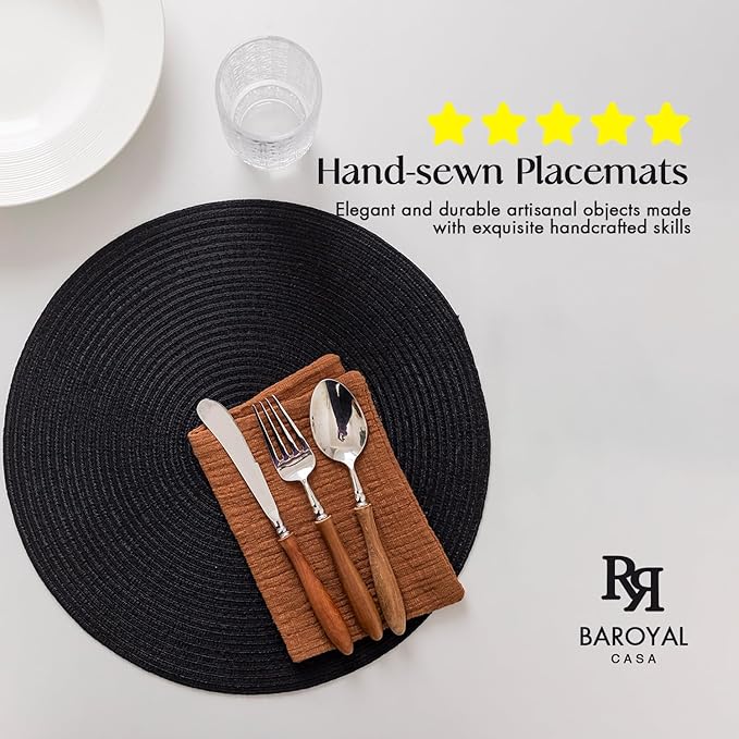 Round Placemats Set of 8 Woven Placemats Washable Braided Table Mats for Dining Table Heat Resistant Non-Slip Circle Place Mats(Black)