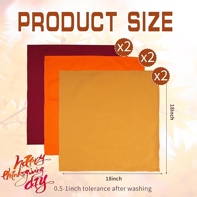 Fall Cloth Napkins,100% Cotton Dinner Napkins Set of 6.Thanksgiving Decorations Gifts for Table Decor. Washable Reusable Thick. 2 Burgundy red,2 Orange,2 Harvest Gold.18by18(Tricolor)