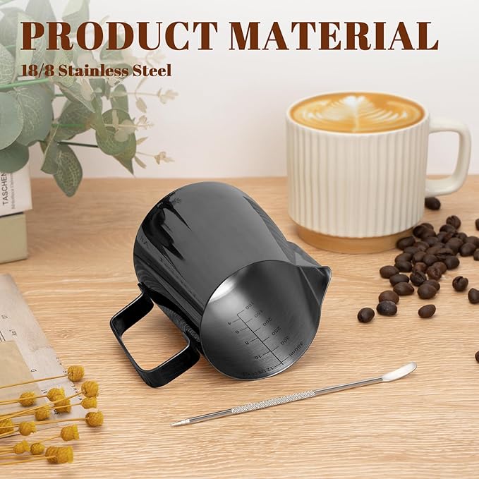 Amrules Milk Frothing Pitcher, 12 oz Milk Frother Cup with Clear Scale, 304 Stainless Steel Cappuccino Espresso Machine Accessories for Barista Coffee Bar with Latte Art Pen, Bright Black