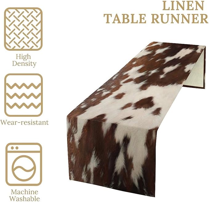 Cow Print Table Runner, Rustic Country Farmhouse Animal Fur Skin Western Farm Brown Cowhide Print Dinner Runner for Home Kitchen Dining Table Decoration 13"x60"