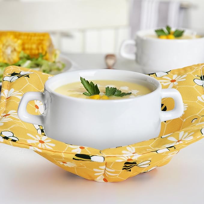 Cunhill 4 Pcs Cotton Microwave Bowl Cozy Holders for Hot Food Hot Pads Soup Bowl Potholders Heat Resistant Multipurpose Quilted Safe Holders for Kitchen Plate Supply(Bright Yellow,Bee Style)