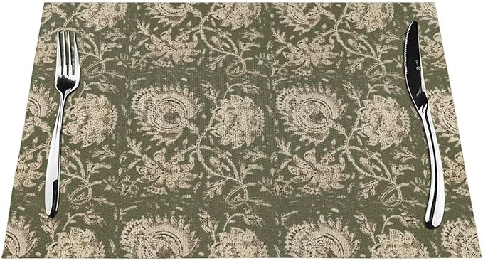 Boho Place mats Set of 4,12x18 Inches Sage Green Block Print Floral Decorative Spring Summer Flower Decor Placemats Rectangle Linen Table Mats for Party Home Kitchen Dining Table Decoration