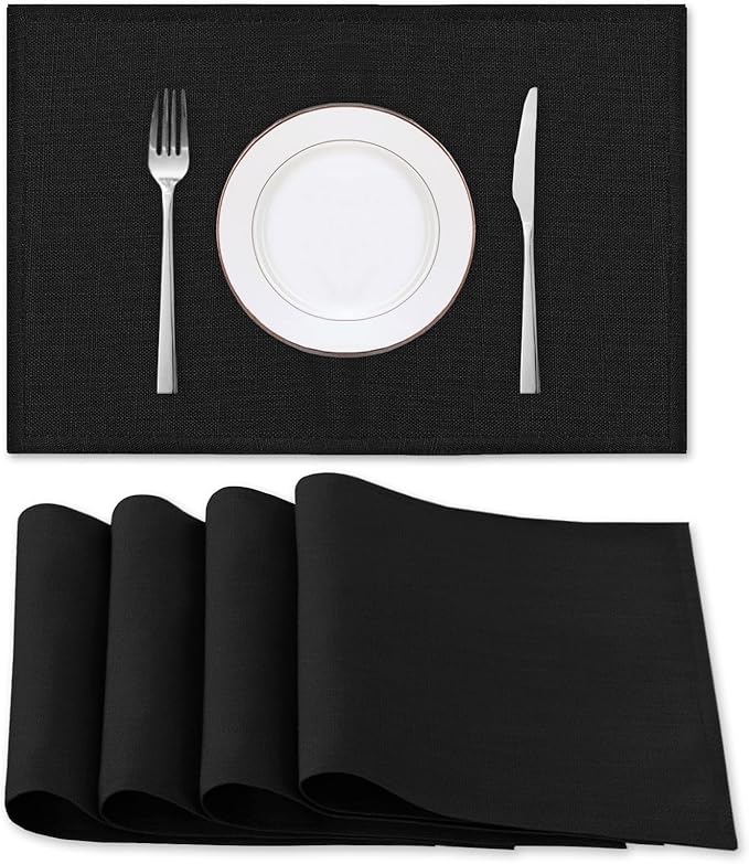 H.VERSAILTEX Linen Placemats Set of 4 Premium Solid Table Placemats for Dining Table Spill-Proof Waterproof Table Mats Heat-Resistant Kitchen Table Mats Washable, 12x18 inches, Black