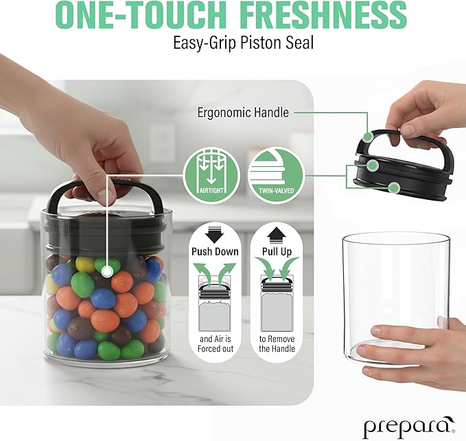 Prepara Evak Fresh Saver Short Airtight Containers, Medium - Black Handle with Patented Twin-Valve System, BPA Free Stackable Storage Canisters for Pantry Organization - Dishwasher Safe (2-Pack)