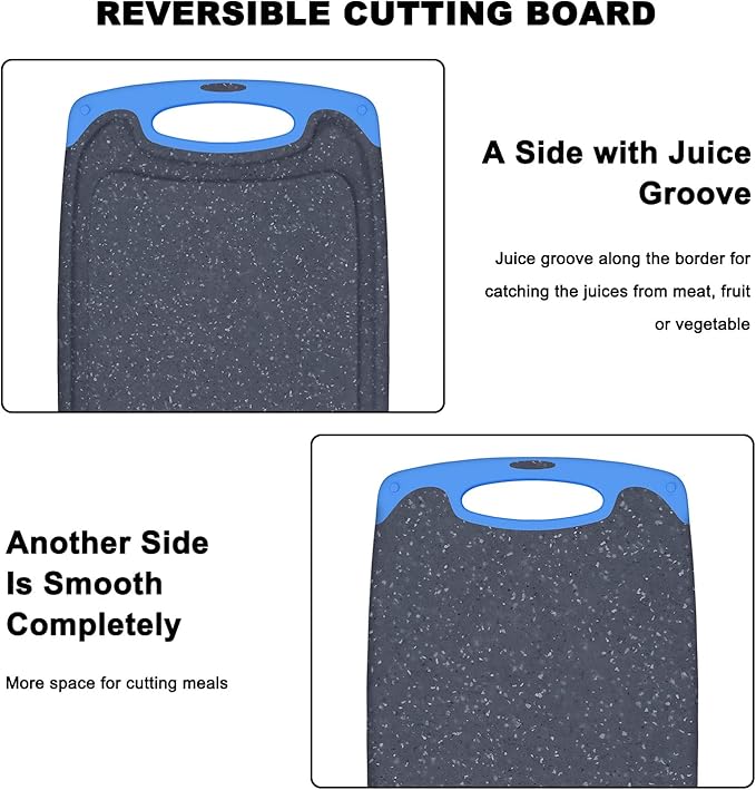 Plastic Cutting Board, 3 Pieces Dishwasher Safe Cutting Boards with Juice Grooves, Easy Grip Handle, Non-Slip, with Grinding Area for Grinding Garlic and Ginger（blue）