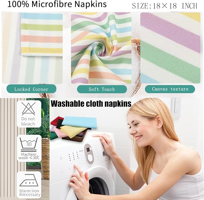 Cloth Napkins with Rings, Set of 12, 6 Stripe Napkins, 6 Wooden Napkin Rings in Buuny Shape, Easter and Spring Table Decorations,Washable Cloth Napkins,Iron Free,Easy Care, Durable,Reusable.
