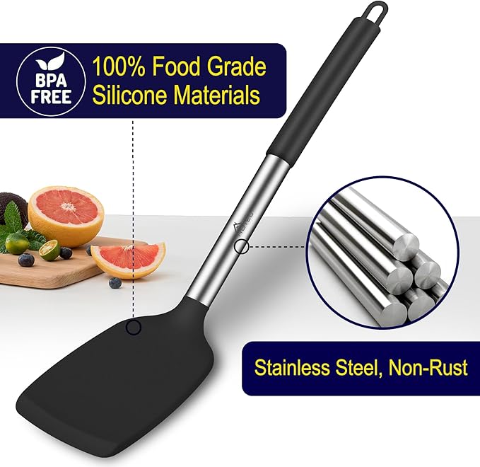 HOTEC Silicone Spatula Set of 2 Heat-Resistant 600°F & BPA-Free Kitchen SaptulaTurner with Stainless Steel Handles, Slotted & Solid Spatulas for Nonstick Cookware, 13.7 Inch, Black
