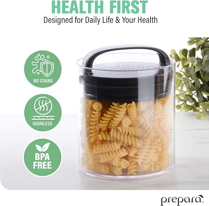 Prepara Evak Fresh Saver Short Airtight Containers, Large - Black Handle with Patented Twin-Valve System, BPA Free Stackable Storage Canisters for Pantry Organization - Dishwasher Safe (2-Pack)
