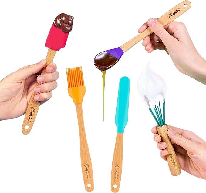 Chefclub Kids Montessori Cooking 5-Piece Utensils Set Heat Resistant Non Stick Silicone for Kids & Beginner Kitchen & Cookware Gadgets - Mixing, Whisking, Baking, Brushing