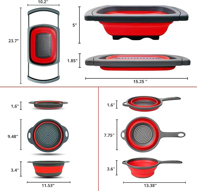 Set of 3 Red Food Strainer for Kitchen - Silicone Sieve Small Foldable Colander for Pasta and Spaghetti Multifunctional Silicone Collapsible Strainer for Camping