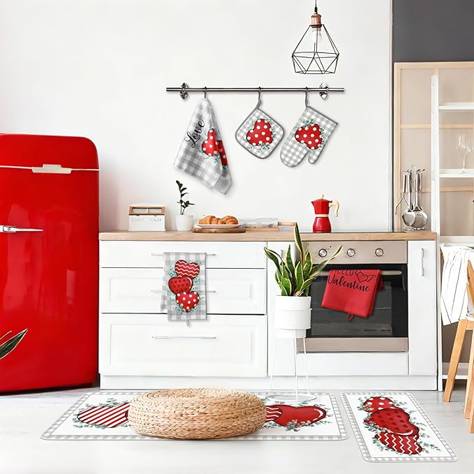 VitalCozy Set of 10 Valentine's Day Kitchen Towels Heart Kitchen Mats Oven Mitts and Pot Holders Set Absorbent Red Tea Hand Towels Valentine's Day Decorative Towel for Baking Cooking BBQ