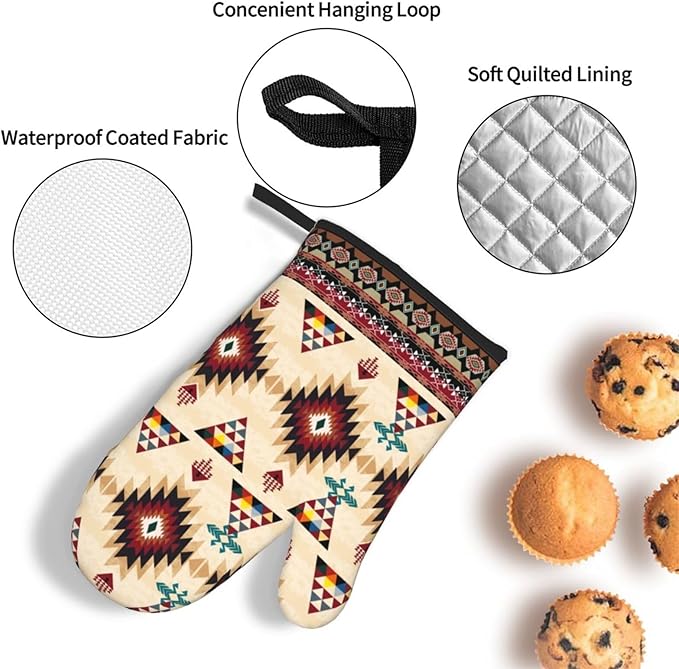 Southwestern Aztec Oven Mitts and Pot Holders Set of 3, Heat Resistant Non-Slip Navajo Pattern Oven Gloves with Hot Pad, Native American Boho Kitchen Decor Gloves for Chef Cooking Baking Grilling BBQ