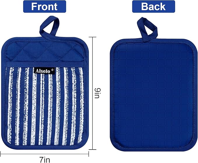 Alselo Silicone Pot Holders Set of 3 Heat Resistant & Non Slip Potholders, Professional Oven Hot Pads with Pockets Mitts for Kitchen Cooking Baking Barbecue (Cobait Blue, 3)