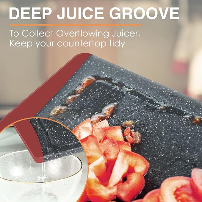 Extra Large Cutting Boards, Plastic Cutting Boards for Kitchen (Set of 3) Cutting Board Set Dishwasher Chopping Board with Juice Grooves Easy-Grip Handles, Red, Empune