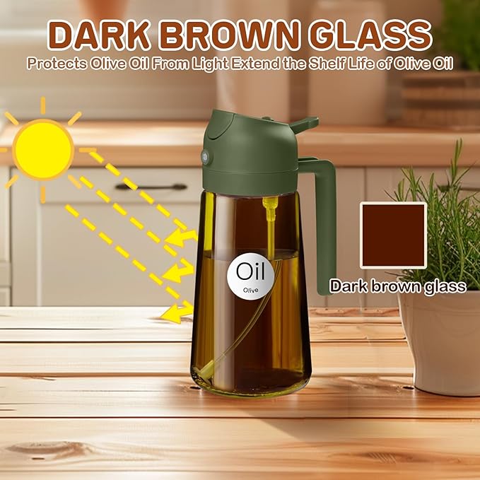 YARRAMATE 2Pcs 16oz/470ml Dark Brown Oil Sprayer for Cooking with Stickers, Food-grade Premium 2 in 1 Olive Oil Dispenser Bottle for Kitchen Gadgets, Air Fryer, Salad, Frying, BBQ (Black&OliveGreen)