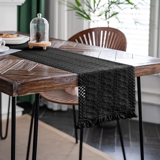 Alynsehom Macrame Table Runner Pure Black Boho Table Runners with Tassels Hand Woven Cotton Table Runner Rustic Farmhouse Table Runners for Bohemian Kitchen Dining Table(12x108in)