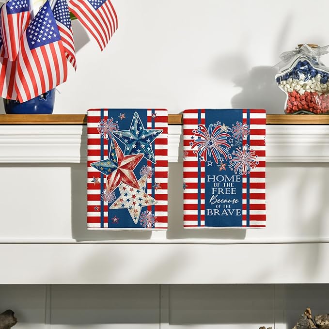 Artoid Mode Stripes Star Fireworks 4th of July Kitchen Towels Dish Towels, 18x26 Inch Independence Day Decoration Cleaning Set of 2