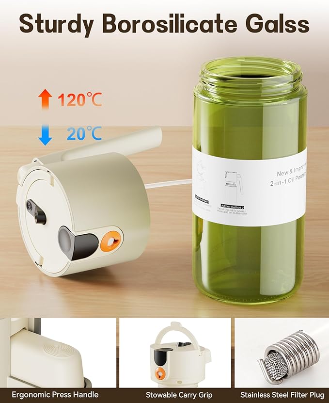 OURCABECUE Upgrade 2 in 1 Oil Sprayer for Cooking, 17oz Light-Blocking Glass Olive Oil Dispenser Bottle for Kitchen,Food-Grade Oil Mister with 8 Stickers for Salad, Frying (Green Bottle-White Gap)