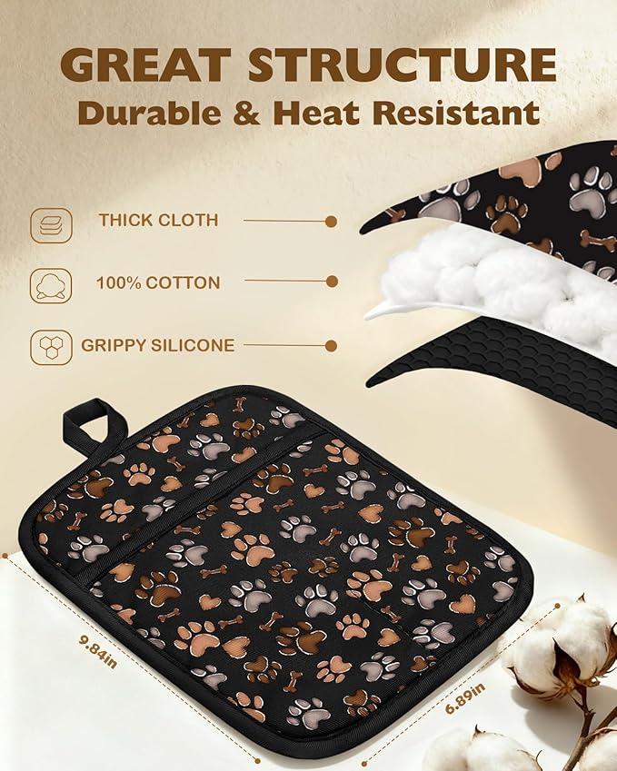 Slohif Silcone Paw Pot Holders for Kitchen - 100% Cotton Black Cute Oven Potholders with Pockets, Heat Resistant Square Thick Hot Pads, House New Home Baking Baker Gifts,2pack