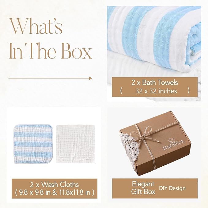 Muslin Hooded Baby Towel 4 Pack, 100% Organic Premium Cotton, (2) 6-Layer 32x32 Bath Towels & (2) Washcloths, Soft Newborn & Infant Gift Set (Blue Stripe & White)