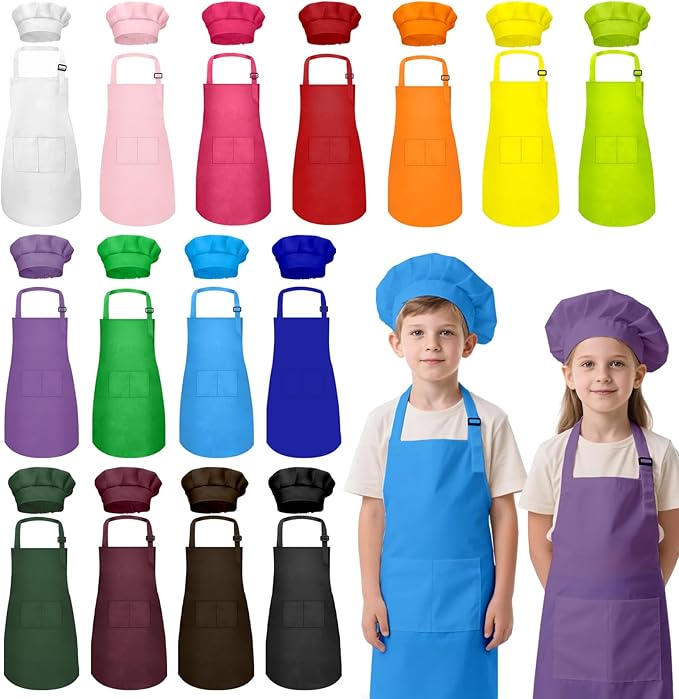Kids Apron and Chef Hat Set, 30 Pieces Boys Girls Kids Apron with 2 Pockets Adjustable for Cooking Classroom Baking Painting, 6-13 Years, Multicolor