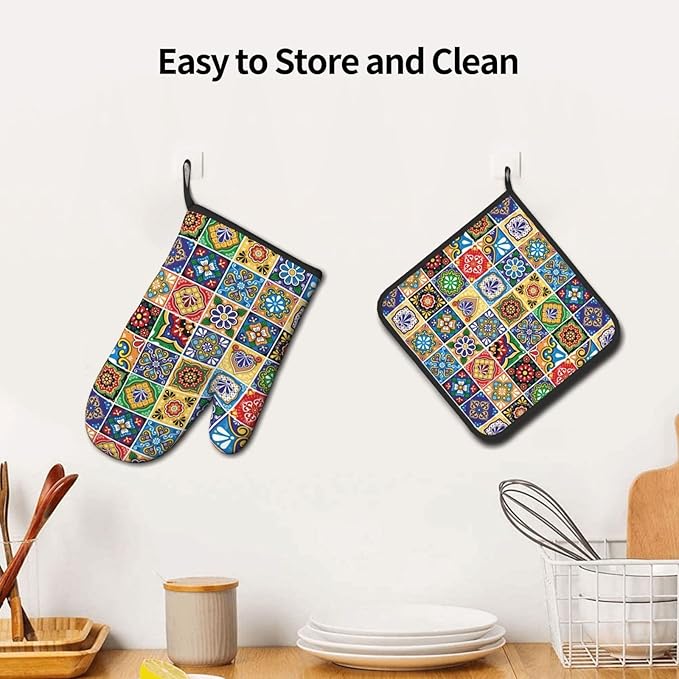 Mexican Talavera Tile Oven Mitts and Pot Holders Sets of 3, Heat Resistant Non-Slip Polyester Colorful Talavera Kitchen Gloves Gifts for Cooking Lovers, Vibrant Kitchen Decor for Baking BBQ Cooking