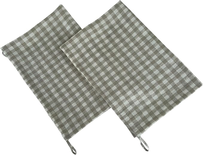 Eight Owls Stonewashed Linen Kitchen Dish Towels - 20 x 27 inch – 100% Pure Linen Tea Towel/Hand Towel - Set of 2 (Natural Check)