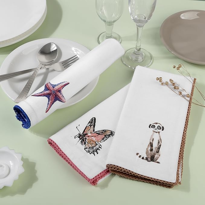 FINGERCRAFT Cloth Napkins, Set of 4 Cotton Linen Blend Printed Dinner Napkins Cloth Mitered Corner Perfect for Parties Dinners Weddings Cocktail Christmas Easter 20x20 in Multi Animal Print