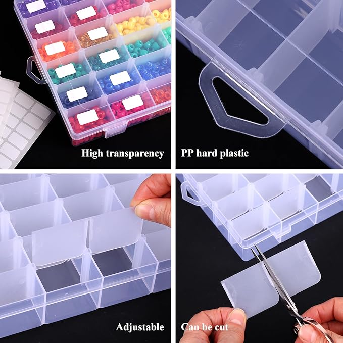 OUTUXED 8 Pack 36 Grids Clear Plastic Storage Boxes with Adjustable Dividers, Beads Storage Containers, Jewelry and DIY Crafts Organization, Screw & Hardware Sorting with 10 Label Stickers