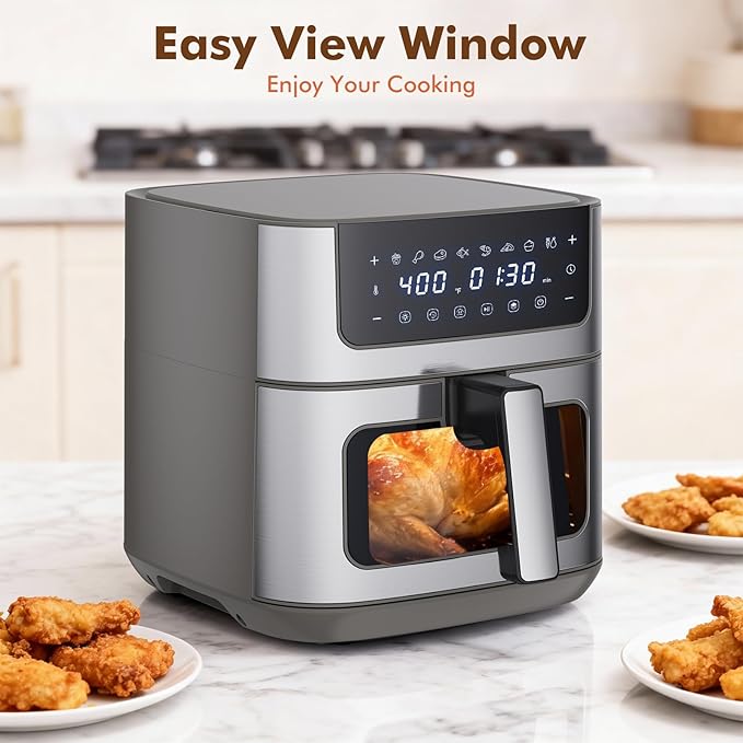 OLIXIS 6.34QT Air Fryer with Window, 8 Food Presets with 400°F Max Heat, 90-Min Timer, Nonstick Dishwasher-Safe Basket for Air Fry, Roast, Reheat, Bake, Stainless Steel, Grey