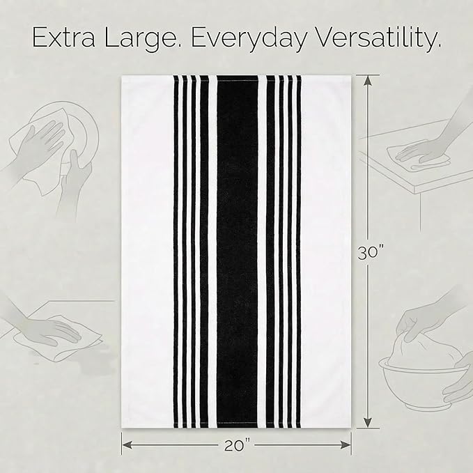 Urban Villa Kitchen Towels 100% Cotton Dish Towels for Kitchen (Set of 6)20”x30” Dish Cloths Highly Absorbent Kitchen Linen Set with Hanging Loop Perfect for Drying Dishes Cleaning Towels-Black White
