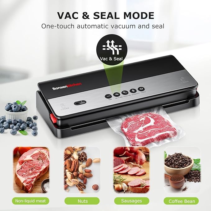 Bonsenkitchen Vacuum Sealer, Multi-Functional Food Sealer with 1 Roll Bag+ 50 Bags, Fast-Compact Design | Bag Storage | Built-in Cutter, External Vacuum System & Accessory Tube, Silver