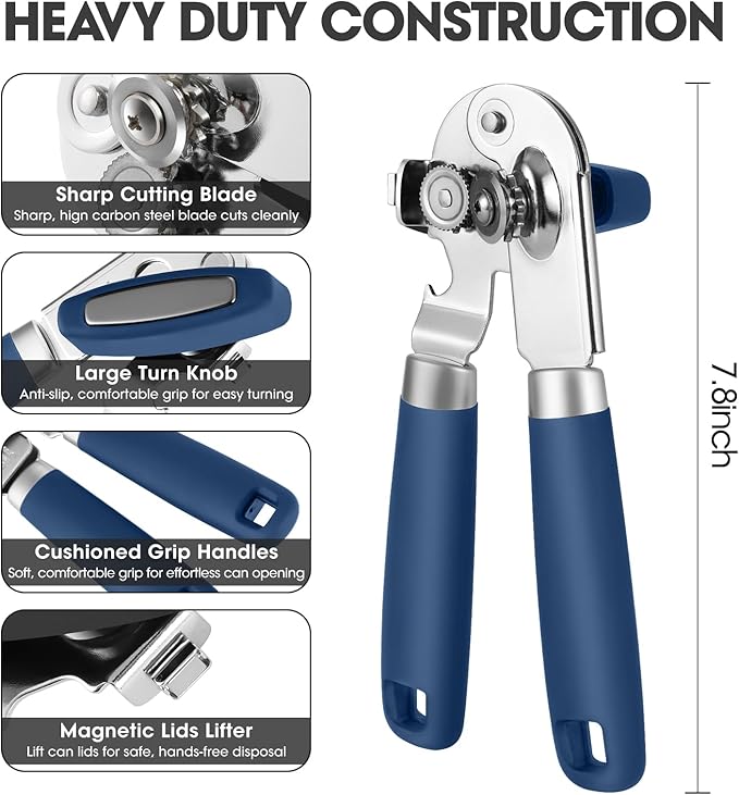 Manual Can Opener, UHIYEE Handheld Can Opener Heavy Duty with High Carbon Sharp Blade, Ease Can Open for Seniors with Comfort Grip Handles, Oversized Turn Knob, Blue
