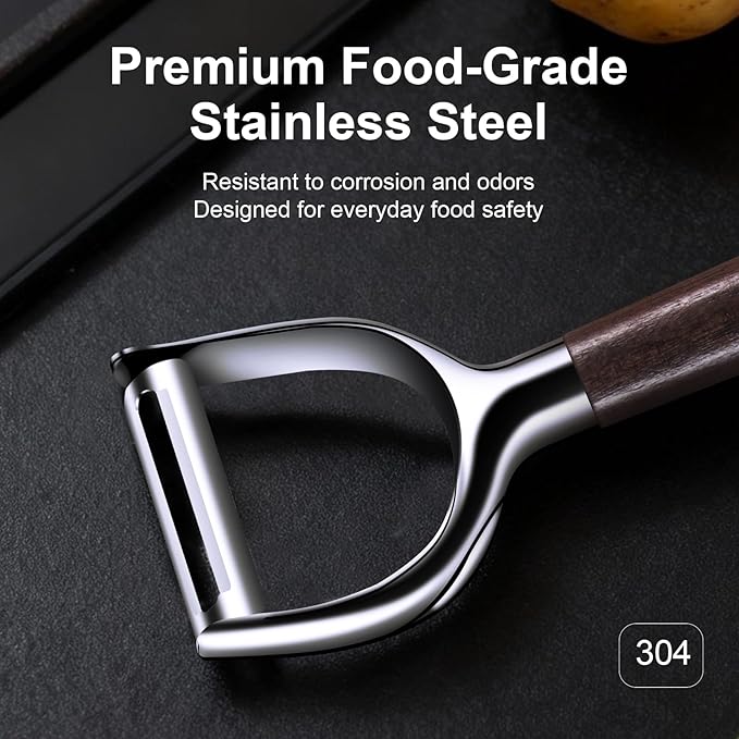 Premium Vegetable Peeler, Stainless Steel Potato Peeler with Ergonomic Wood Handle, Sharp Veggie Peeler for Potatoes, Carrots, Fruits & Cabbage, Professional Peeler for Kitchen (Y+I Set)
