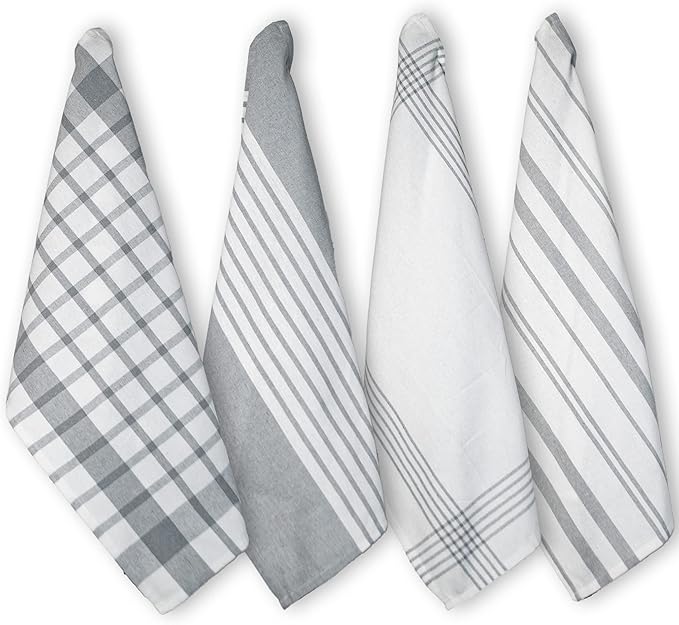 Chardin home Recycled Cotton Assorted Woven Kitchen Towels Set, Grey-White | 18x28 Inch Kitchen/Dish Cloths Set of 4 |Super Absorbent Reusable Hand and countertop Towels, Ultra Soft Tea Towels