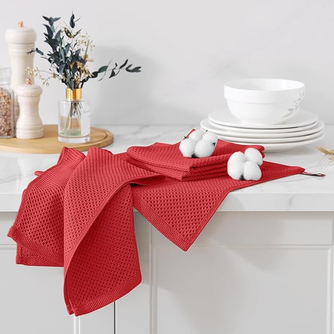 Kitinjoy 100% Cotton Kitchen Towels and Dishcloths Set, 10 Pack-13" x 28" and 12" x 12" Waffle Weave Dish Towels, Ultra Soft Absorbent Quick Drying Dish Rags, Red
