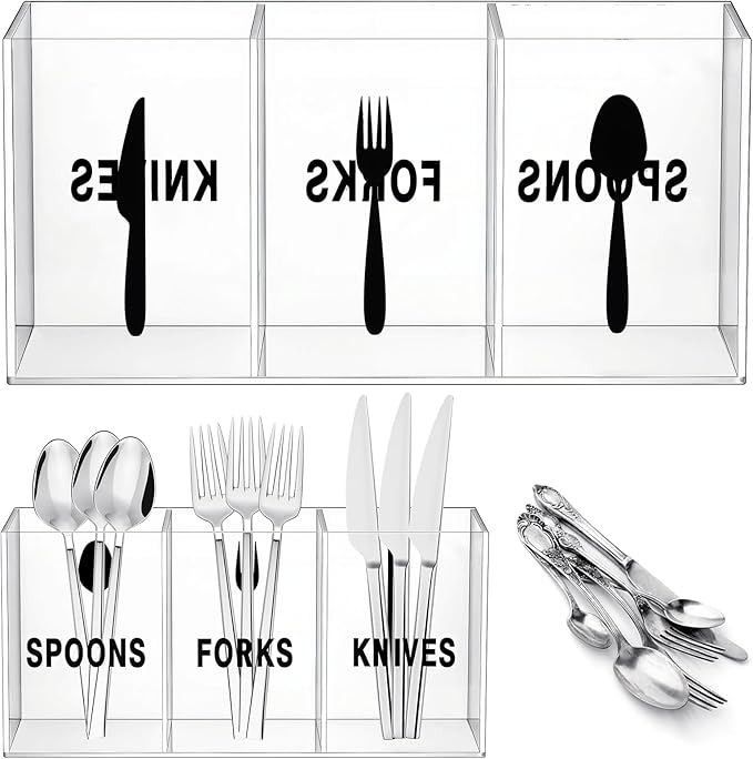 Suzile Acrylic Cutlery Storage Organizer Plastic Utensil Holder Clear Silverware Organizer 3 Section Tableware Storage Box Countertop Holder Party Flatware Caddy for Kitchen (10" X 4.72" X 3.54")
